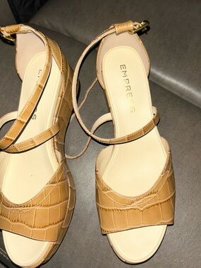 Tan Croc-Embossed Ankle-Strap Sandals